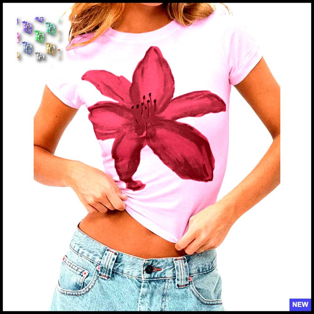 Y2k Floral Graphic Baby Tee Slim Fit Crop Top Summer Short Sleeve